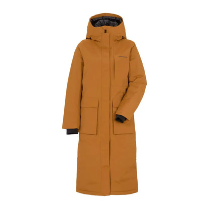 Stylish mustard long womens parka with hood and pockets from Didriksons Leya Long