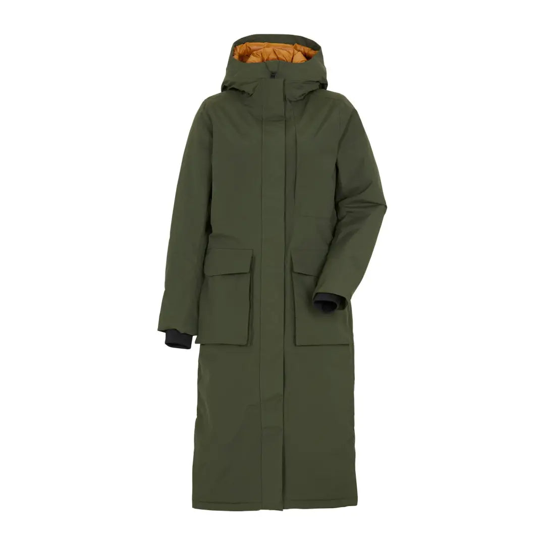 Long olive green Didriksons Leya Long Womens Parka 2 with hood and pockets