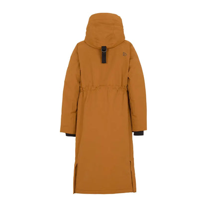 Long mustard-yellow Leya Long Womens Parka with high collar and side slits