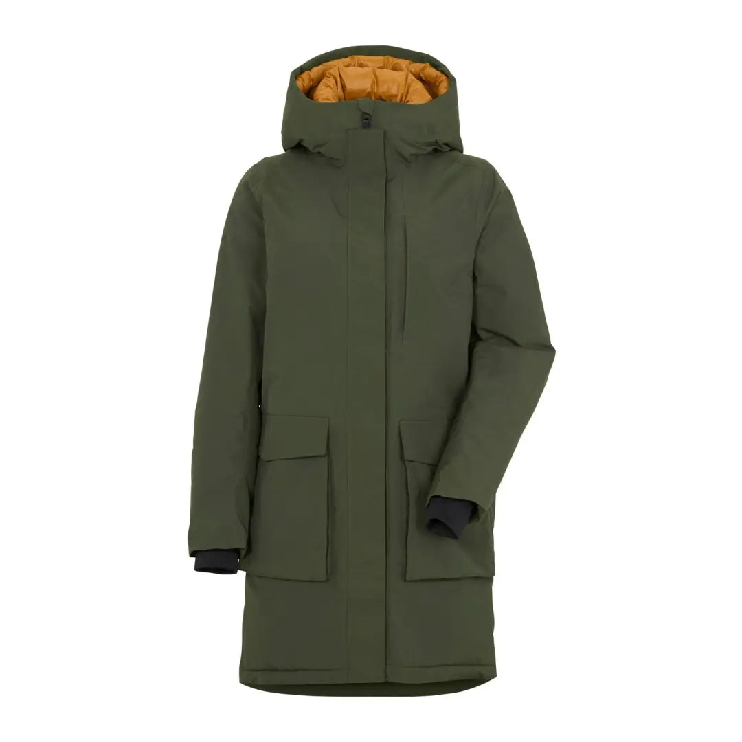 Olive green Didriksons Leya Womens Parka 2 with pockets for a sporty winter vibe