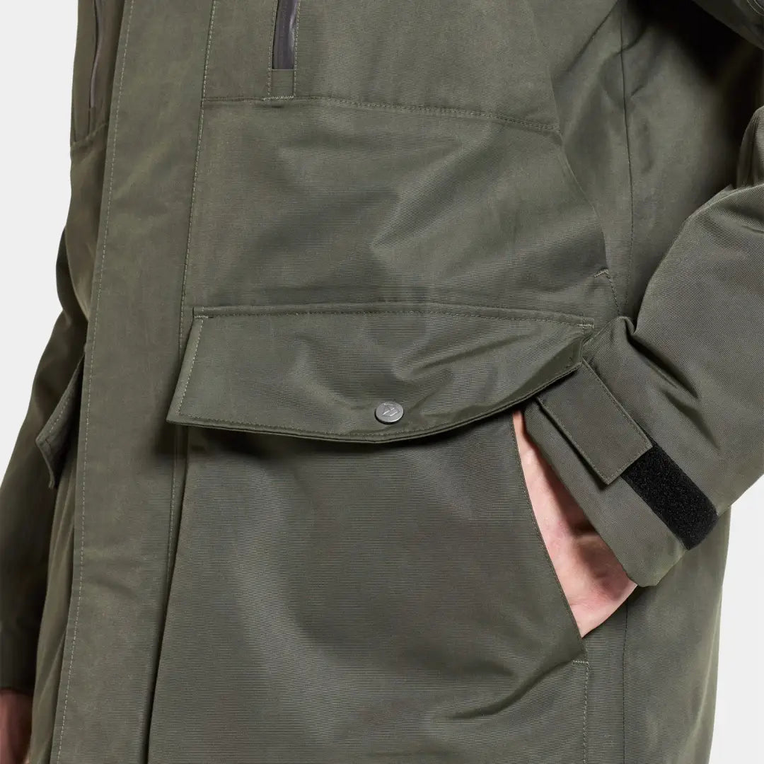 Olive green Didriksons Marco Parka 3 with flap pocket, perfect for country clothing and outdoors