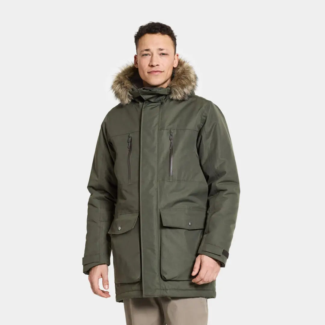 Olive green Didriksons Marco Parka 3, perfect for country clothing and outdoor adventures