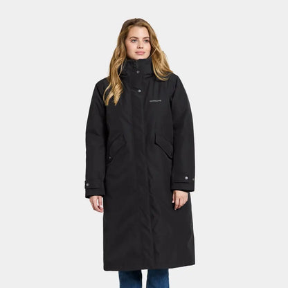 Long black winter coat with high collar and pockets, perfect long everyday parka