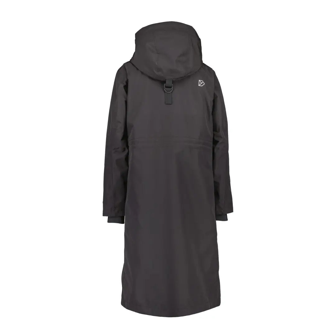 Long dark gray hooded coat with front zipper, perfect long everyday parka from Didriksons Mia