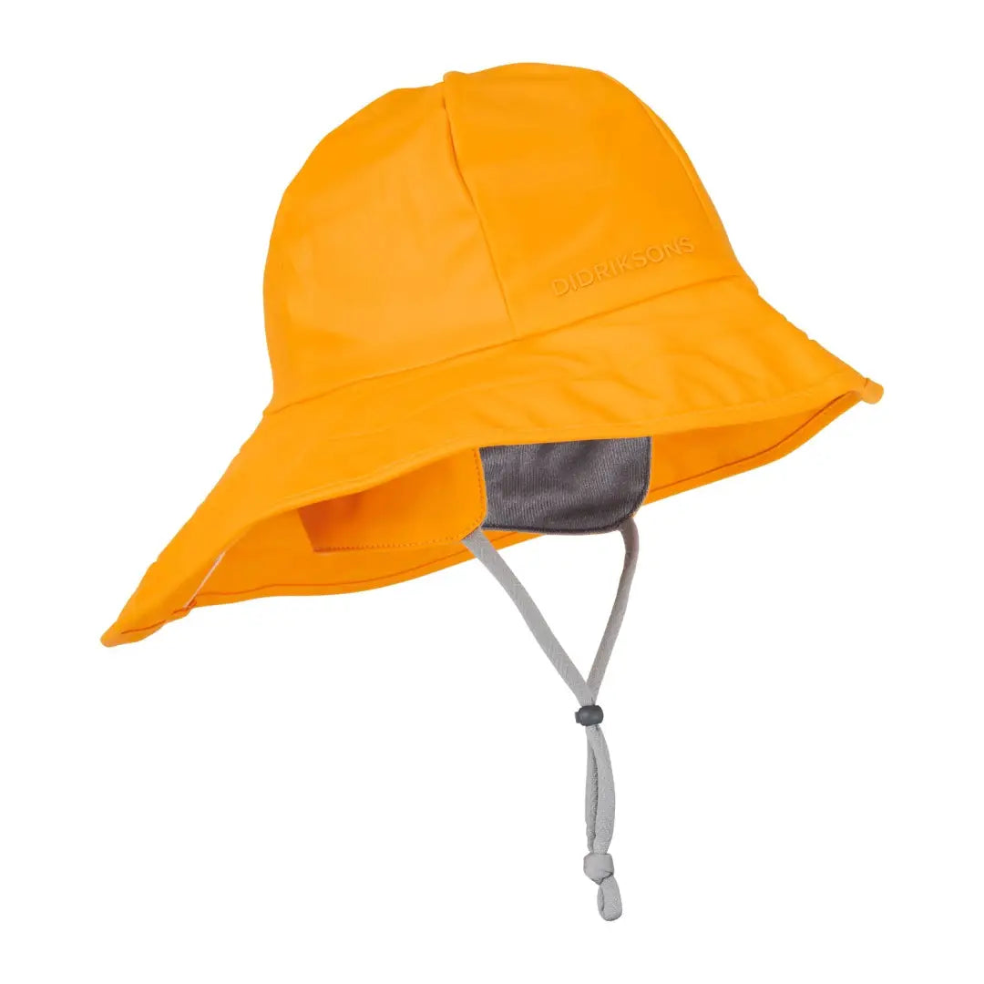 Bright yellow Didriksons Southwester Waterproof Rain Hat with wide brim and chin strap