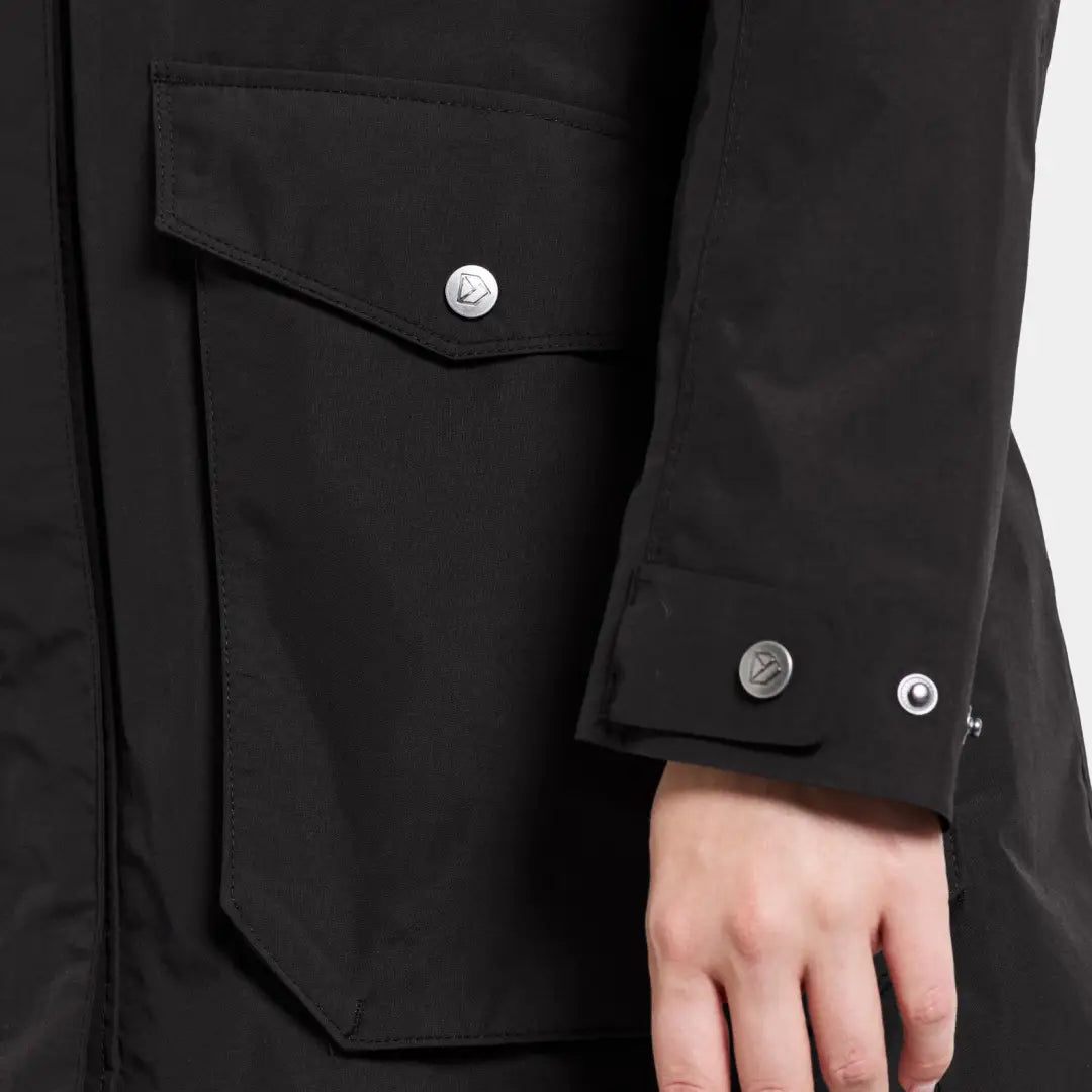 Black jacket with pockets and metal buttons from Didriksons, a fully waterproof windproof parka