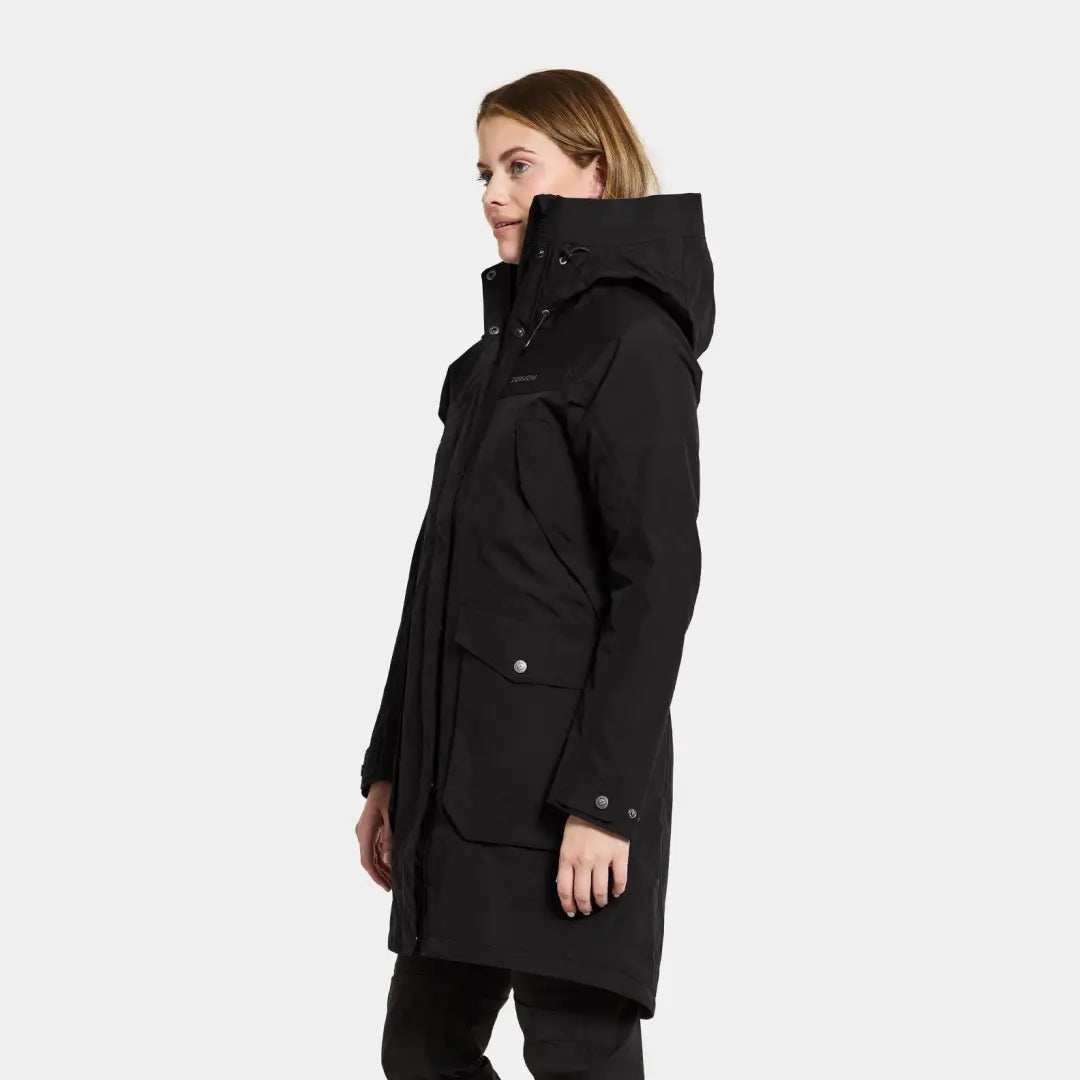 Black hooded winter coat, fully waterproof windproof parka in woven nylon fabric