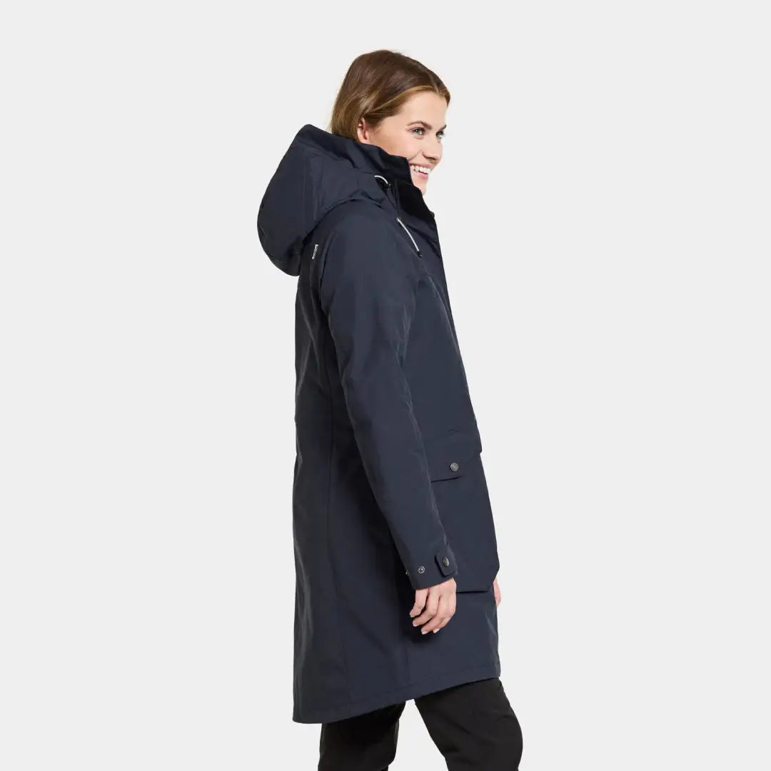 Woman in a Navy blue hooded winter coat featuring Didriksons iconic style, waterproof and windproof