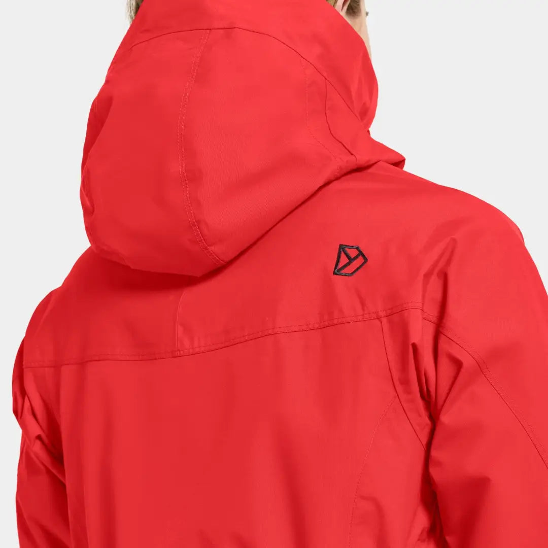 Red hooded Didriksons Thelma Womens Parka in woven nylon, featuring an iconic logo