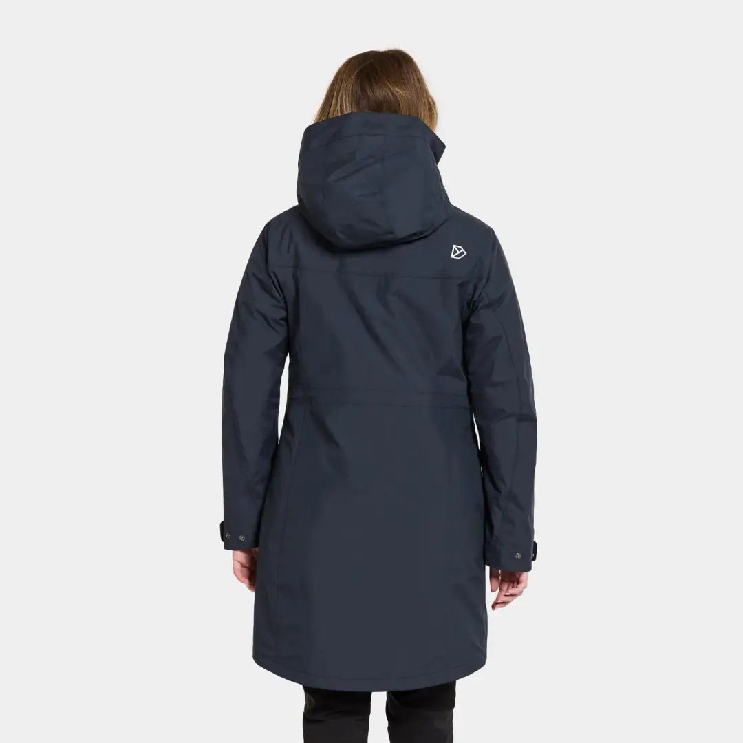 Navy blue hooded winter coat back view, showcasing iconic Didriksons style and full waterproofing