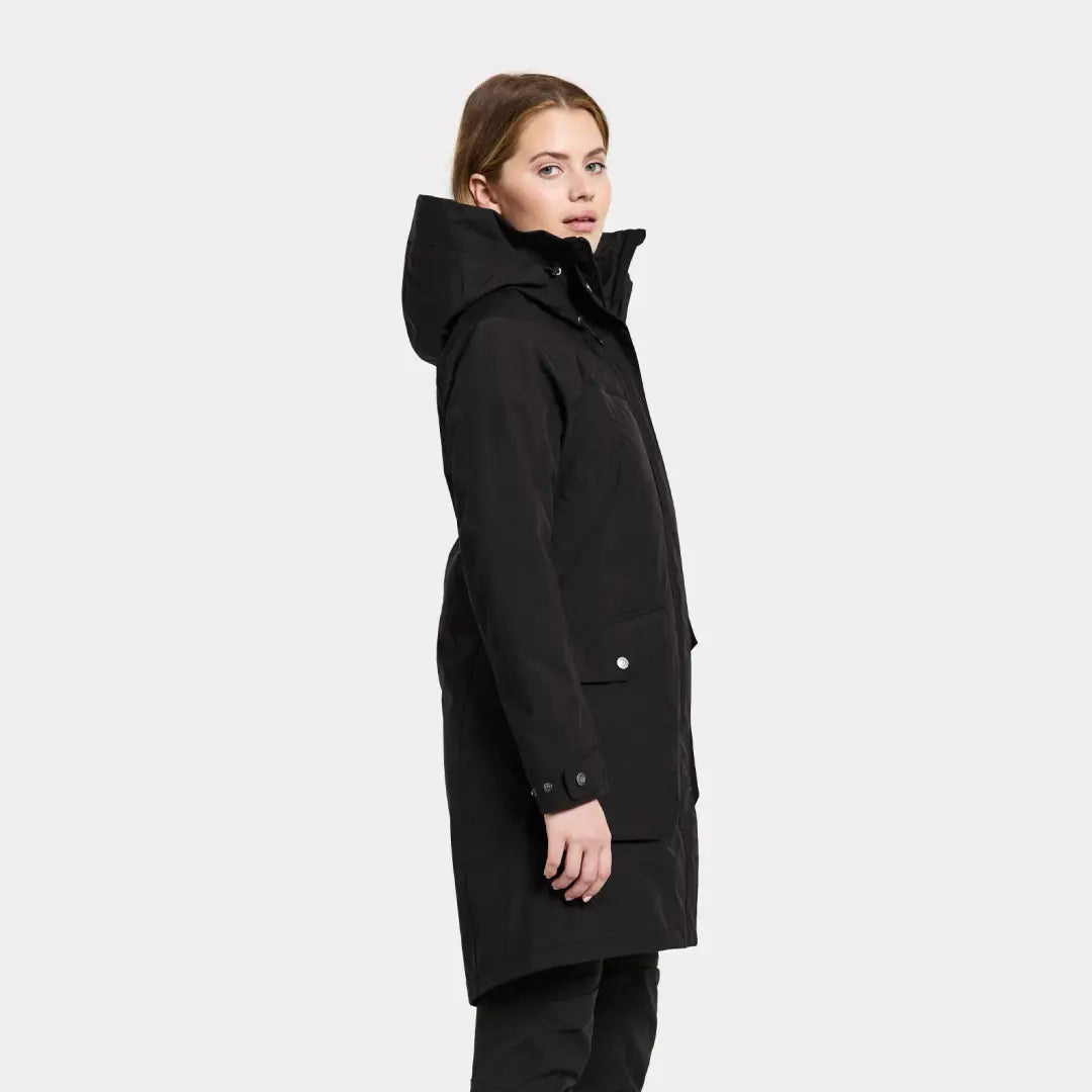 Stylish Black hooded Didriksons Thelma Womens Parka 10 made from woven nylon fabric