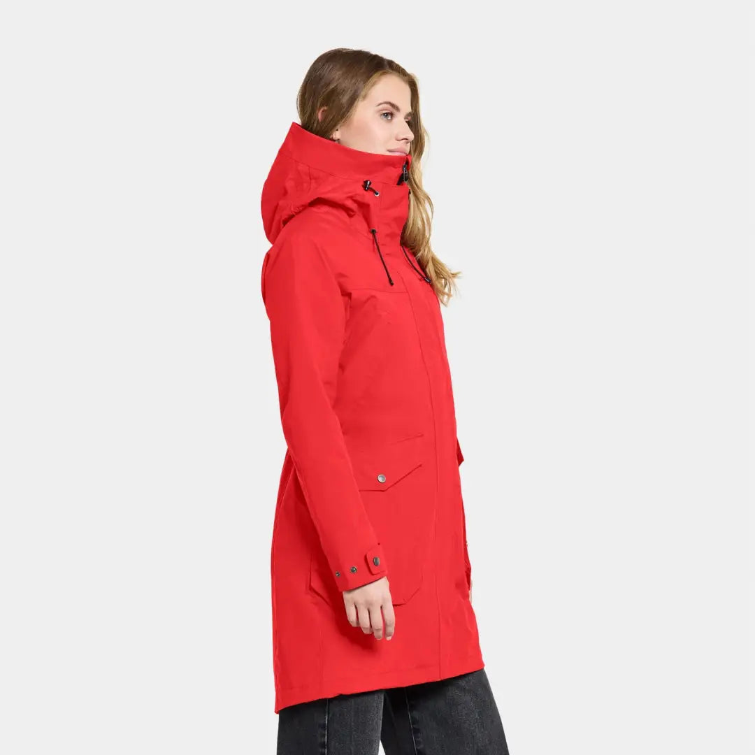 Bright red Didriksons Thelma Womens Parka in woven nylon, perfect for rainy days