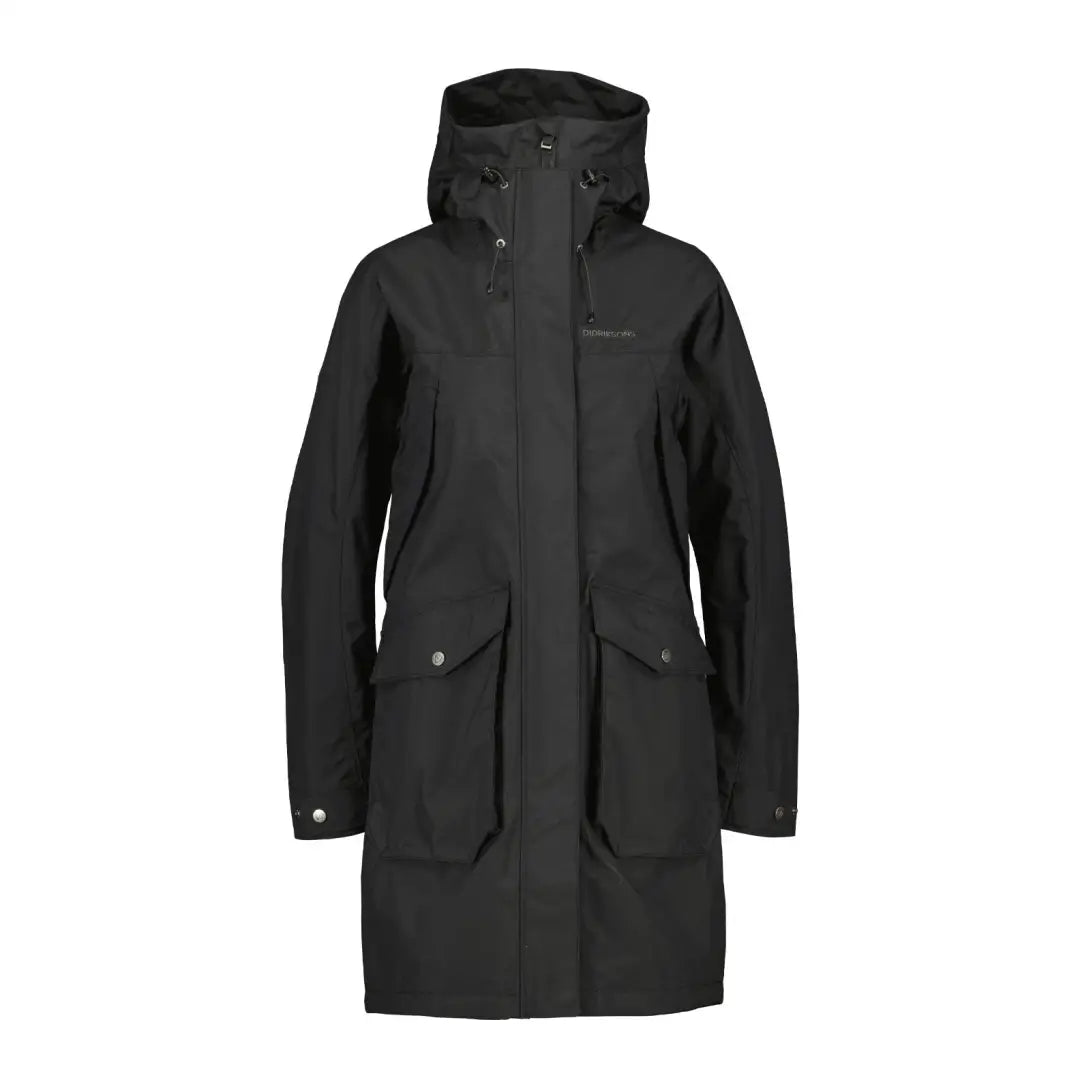 Black hooded Didriksons Thelma Womens Parka 10, an iconic windproof parka with pockets