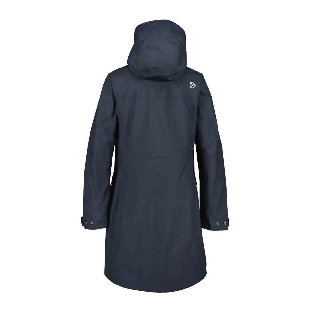 Dark blue fully waterproof Didriksons Thelma parka with a hood and long sleeves