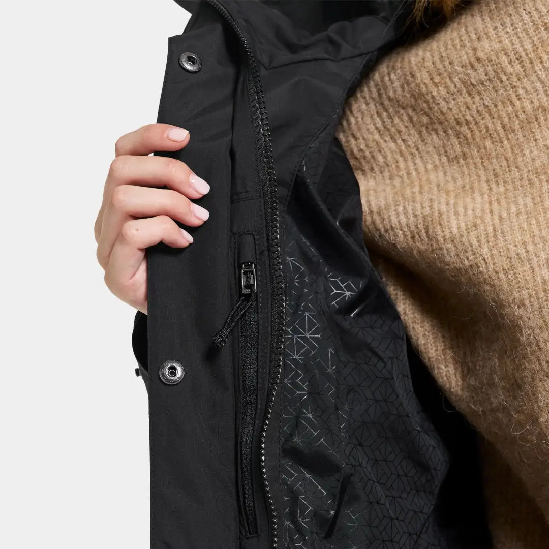 Black jacket with zipper and inner lining, fully waterproof windproof parka in woven nylon