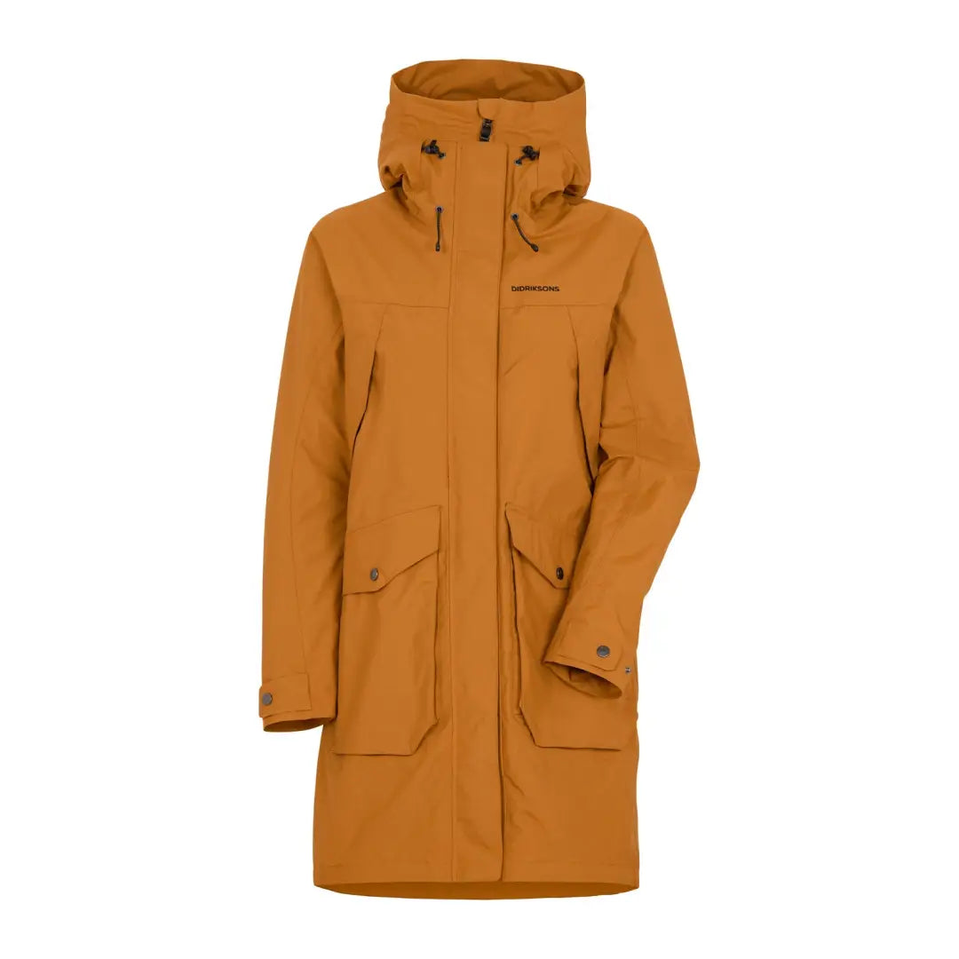 Mustard-colored Didriksons Thelma Womens Parka 8 made of woven nylon fabric with pockets