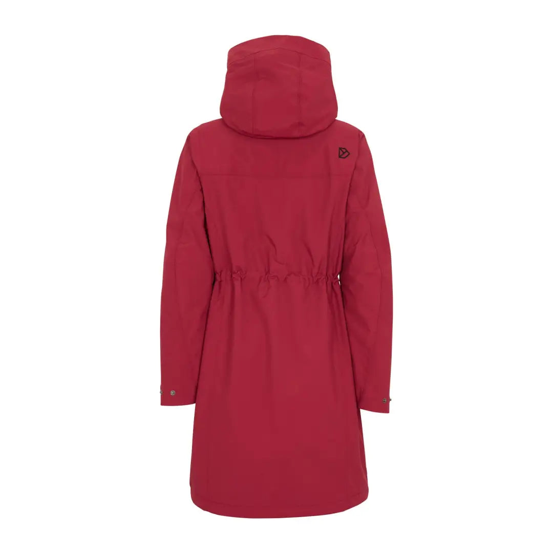 Red hooded winter coat with drawstring waist, Didriksons Thelma Womens Parka 8 in woven nylon