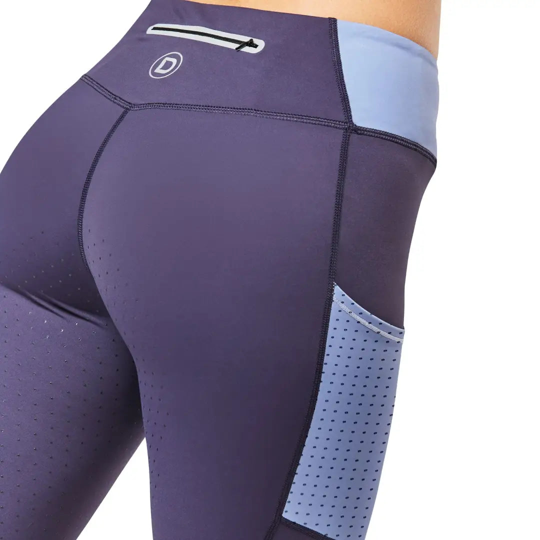 Athletic leggings in purple and light blue, featuring stretch polyester and comfort dry tech