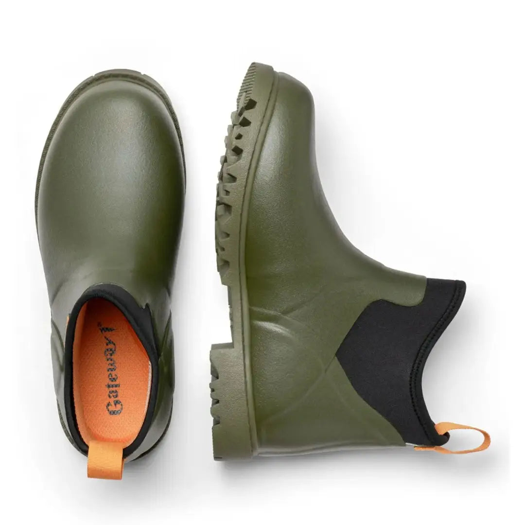 Olive green Gateway1 Ascot rain boots with orange pull tabs and black elastic sides