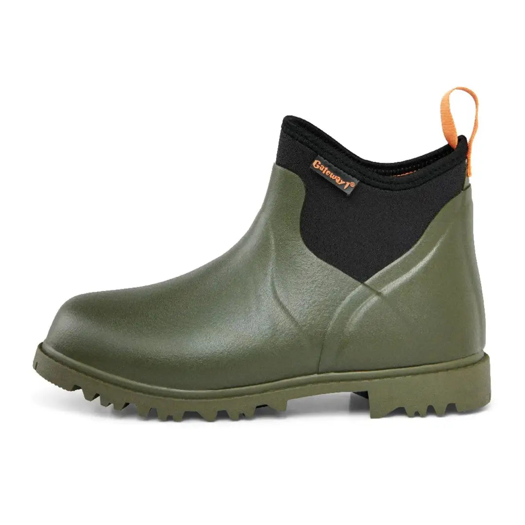 Olive green Gateway1 Ascot ankle boots with black collar and orange pull tab for hunting