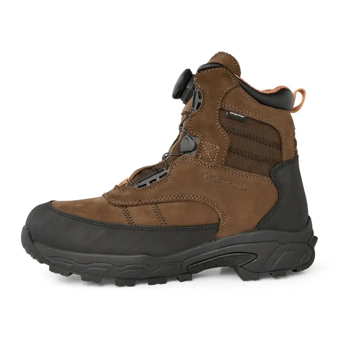 Rugged brown Gateway1 Estate Beater speed lacing boot with black rubber sole