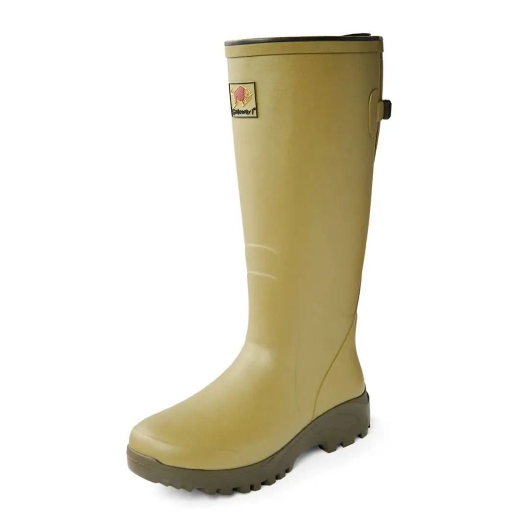 Tall yellow Gateway1 Field Master rain boot with dark sole and logo. Perfect for wet days