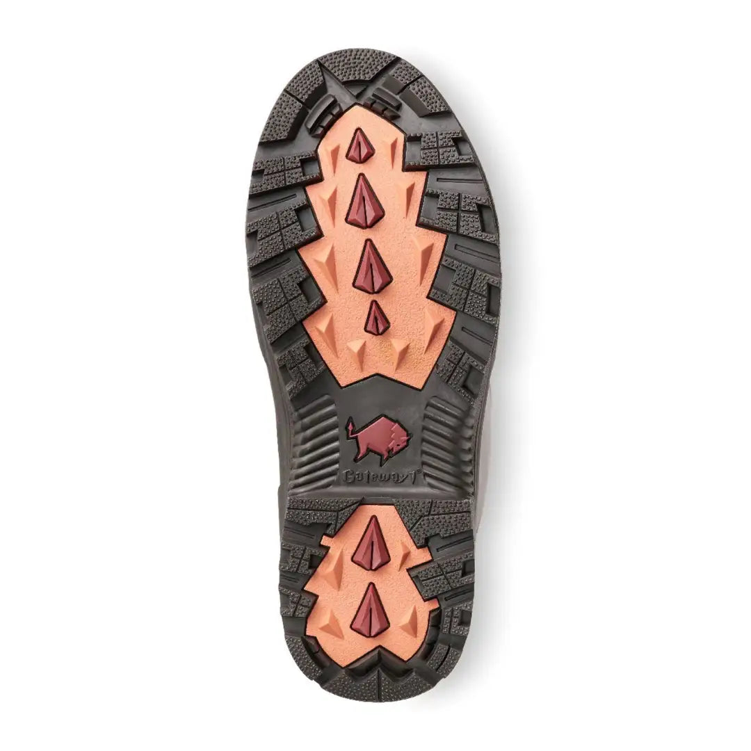 Rugged hiking boot sole with black rubber tread and pink accents from Gateway1 Pheasant Game