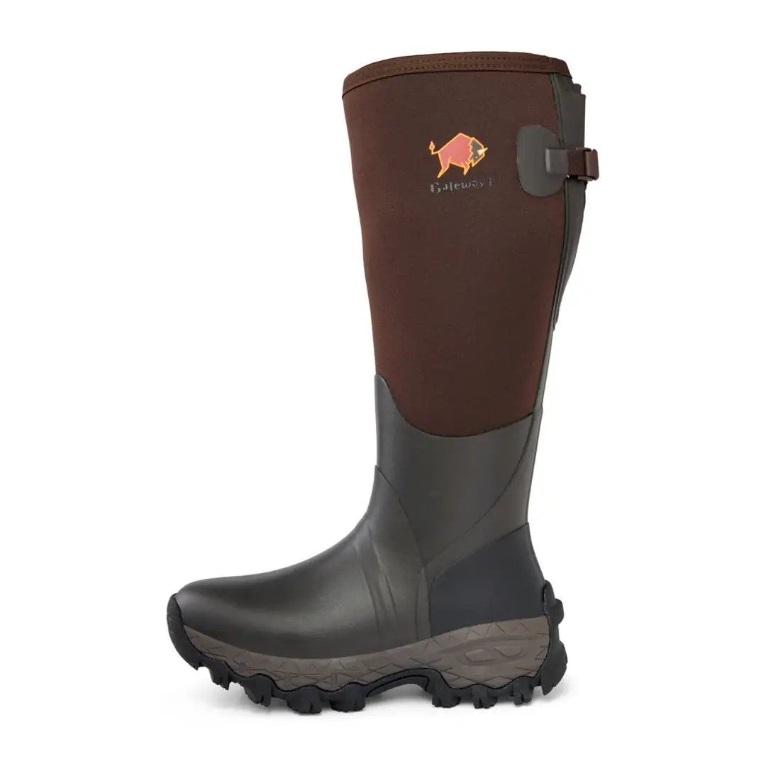 Tall brown and black Gateway1 Woodwalker Lady 4mm Wellington Boots with bison logo