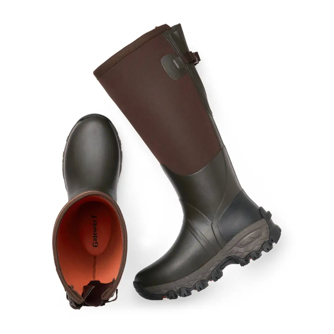 Tall brown and black Gateway1 Woodwalker Lady 17 inch 4mm Wellington Boots with treaded sole