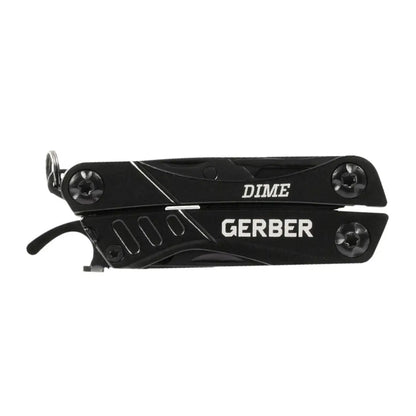 Black Gerber Dime Mini Tool, the ultimate standard keychain multi-tool with cool branding