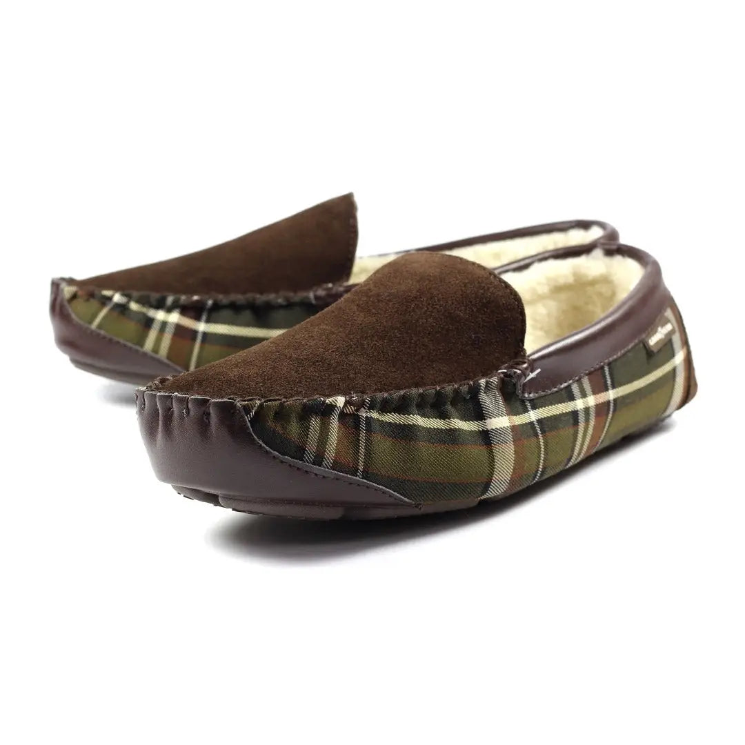 Cozy Goodyear Attila Suede Moccasin Slippers with Fuzzy Lining and Plaid Design