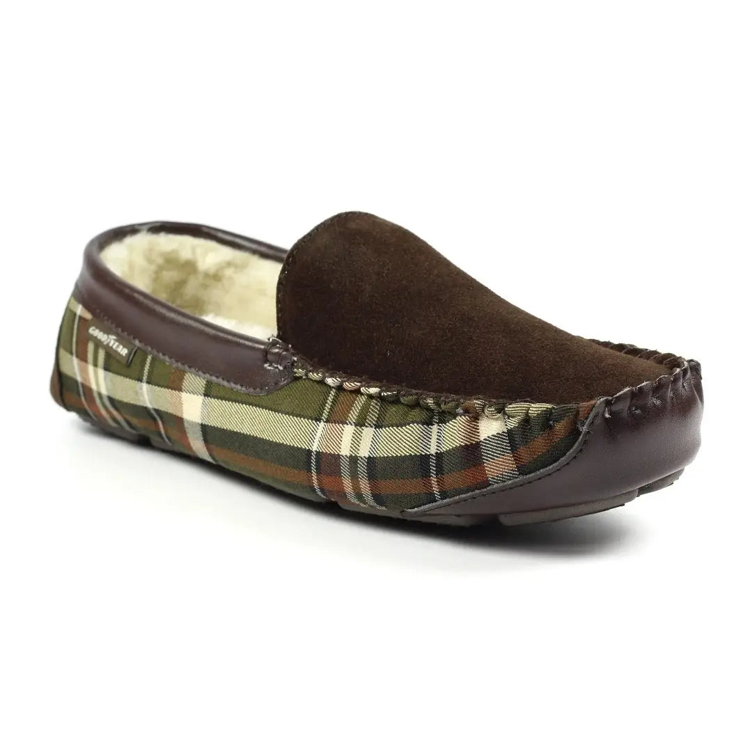 Plaid and brown suede moccasin slipper with fuzzy lining, perfect for cozy vibes in Attila Suede