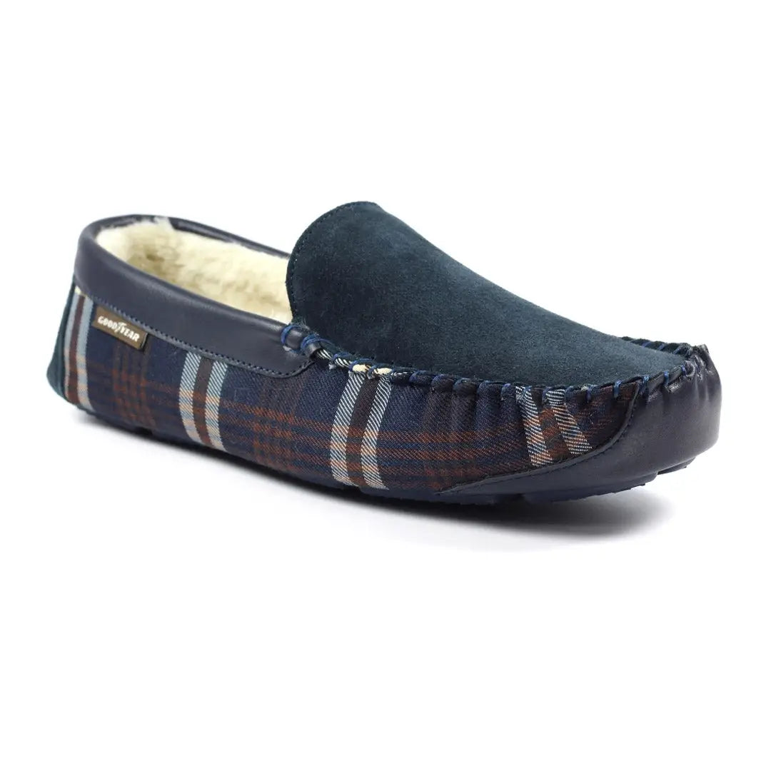 Plaid navy blue Attila Suede moccasin slippers with cozy fuzzy lining