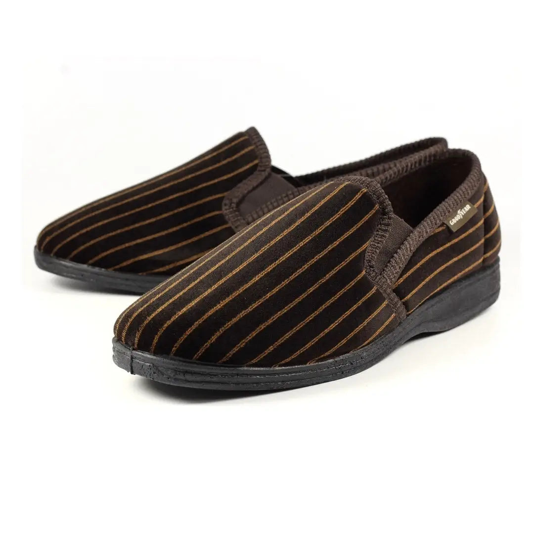 Brown striped slip-on loafers with elastic sides and super soft upper for comfy style