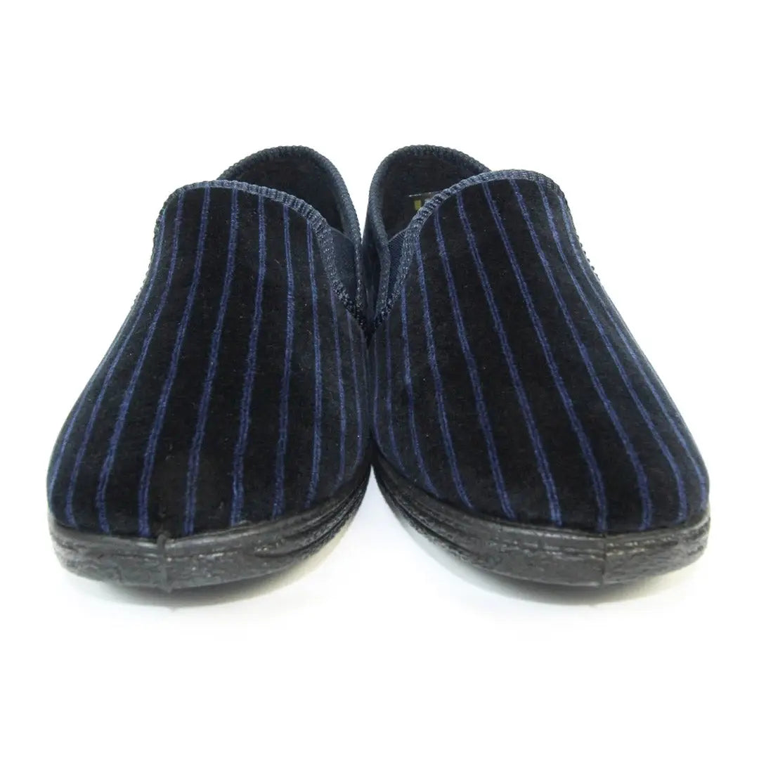 Navy blue striped velvet Goodyear Don soft slippers with dark soles and super soft upper