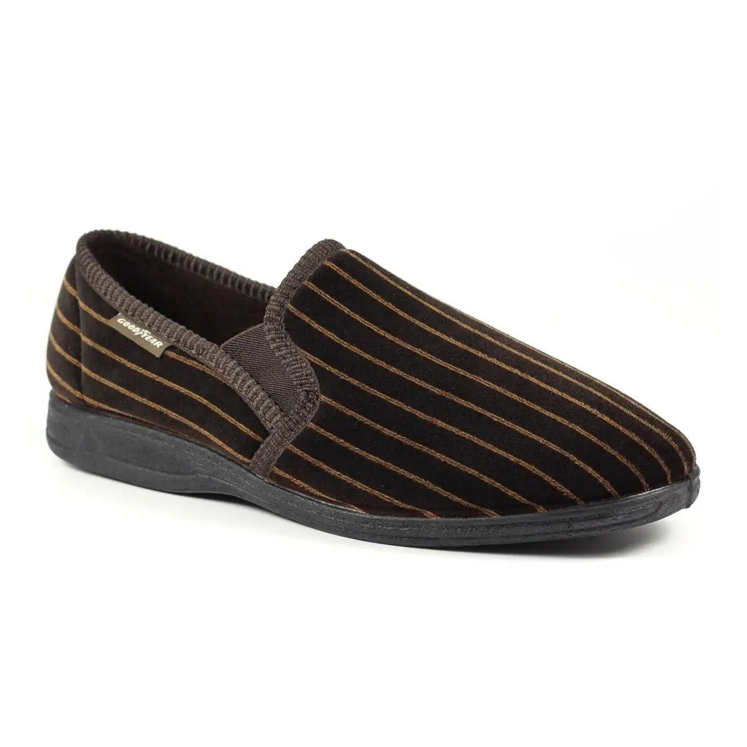 Brown striped slip-on slippers with super soft upper and comfy low-profile design