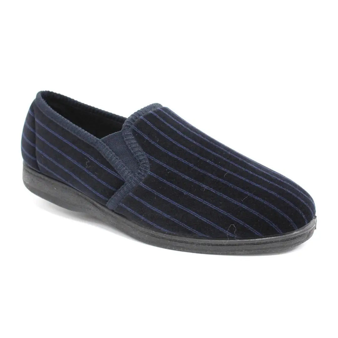 Navy blue striped velvet Goodyear Don soft slippers with a super soft upper and flat sole