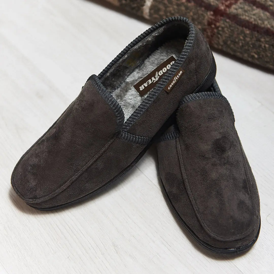 Dark brown suede Goodyear Eden Slippers with fuzzy lining and memory foam insole