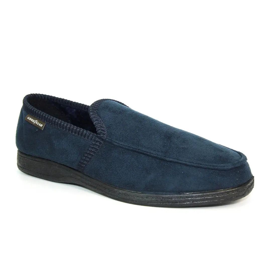 Navy blue Goodyear Eden Slippers with flat sole and comfy memory foam insole