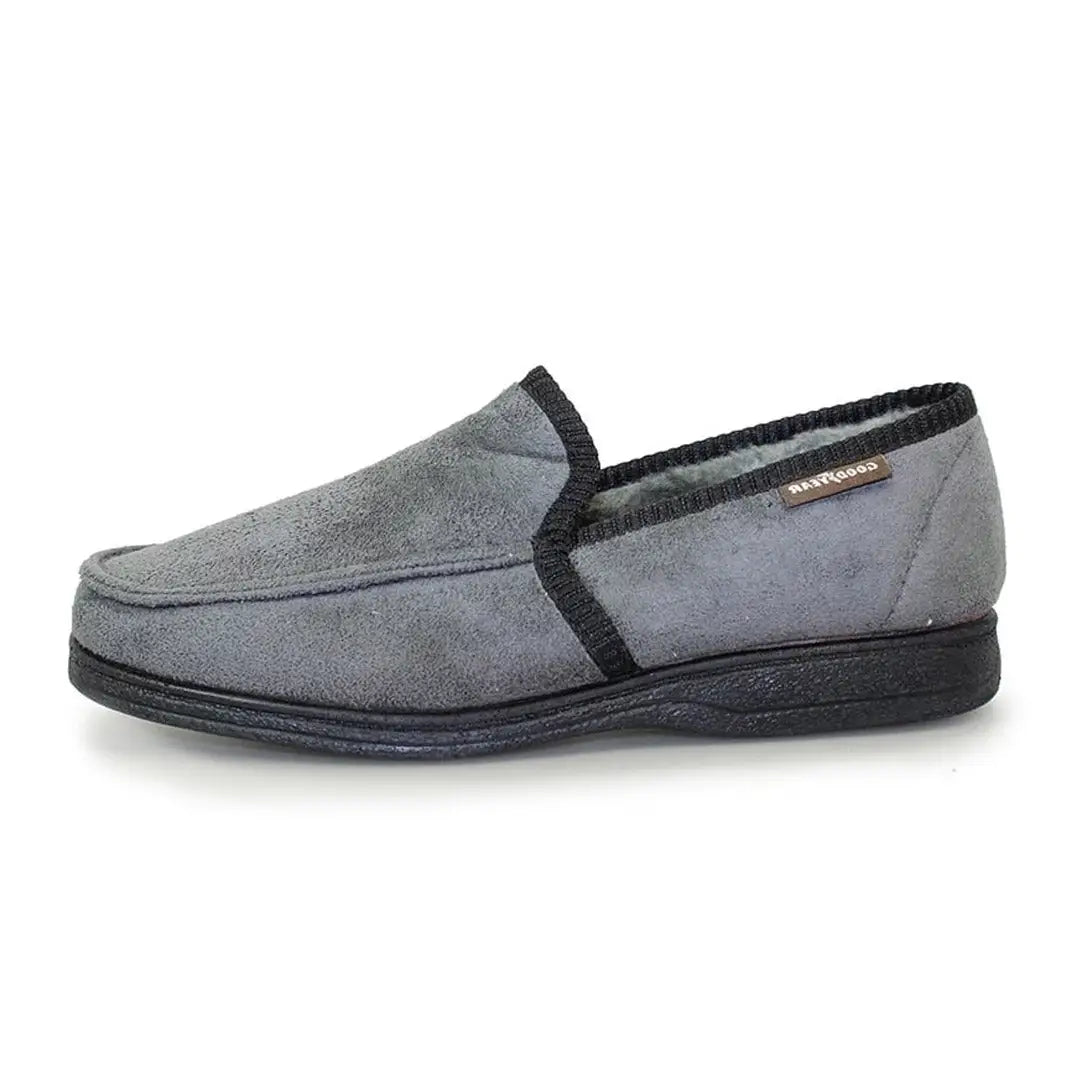 Stylish Gray Suede Goodyear Eden Slipper with Black Trim and Sole for Effortless Comfort