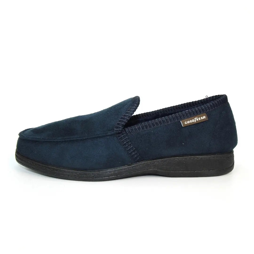 Navy blue Goodyear Eden Slipper with comfy memory foam insole and low heel style