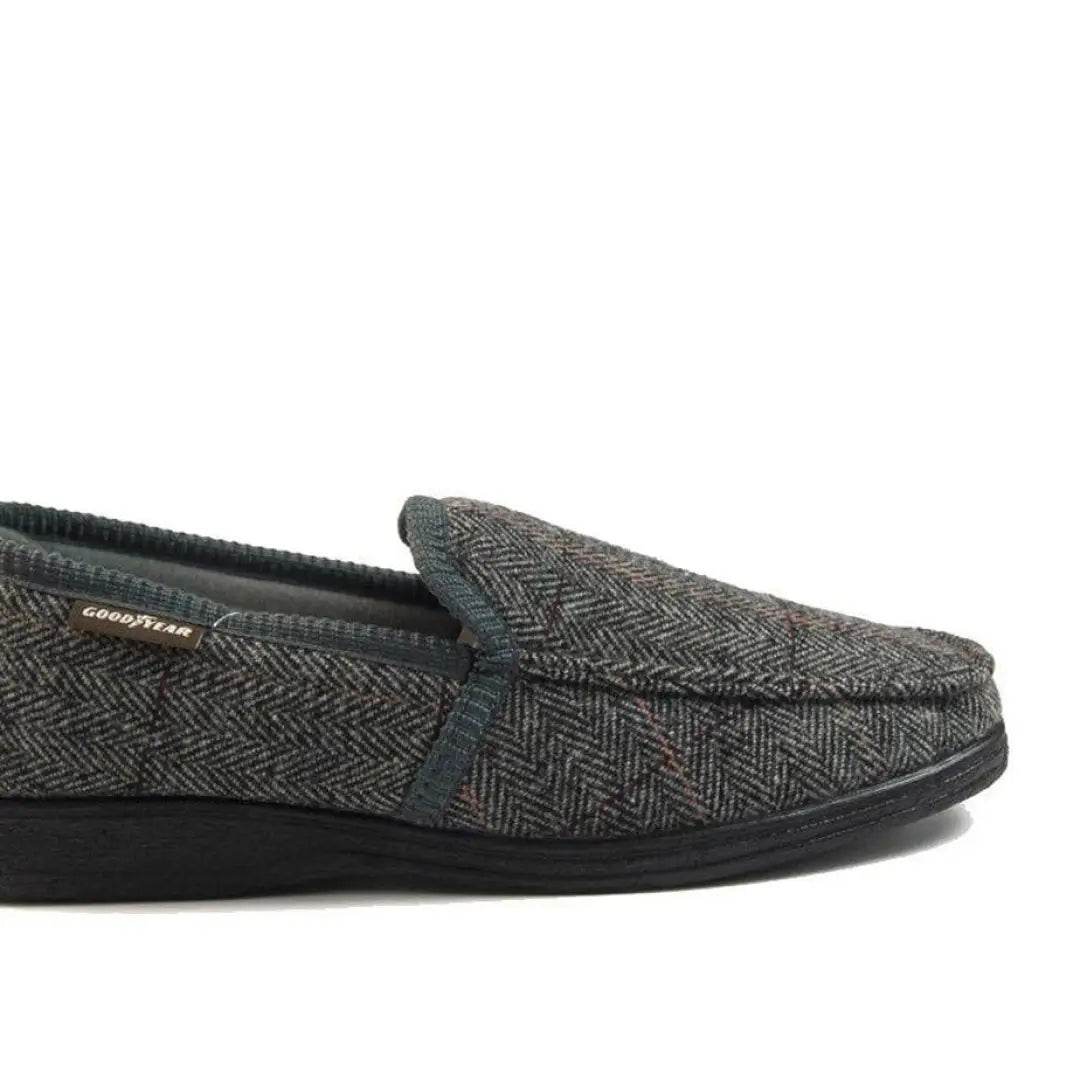 Gray herringbone Goodyear Eisenhower Slippers featuring a cozy moccasin design