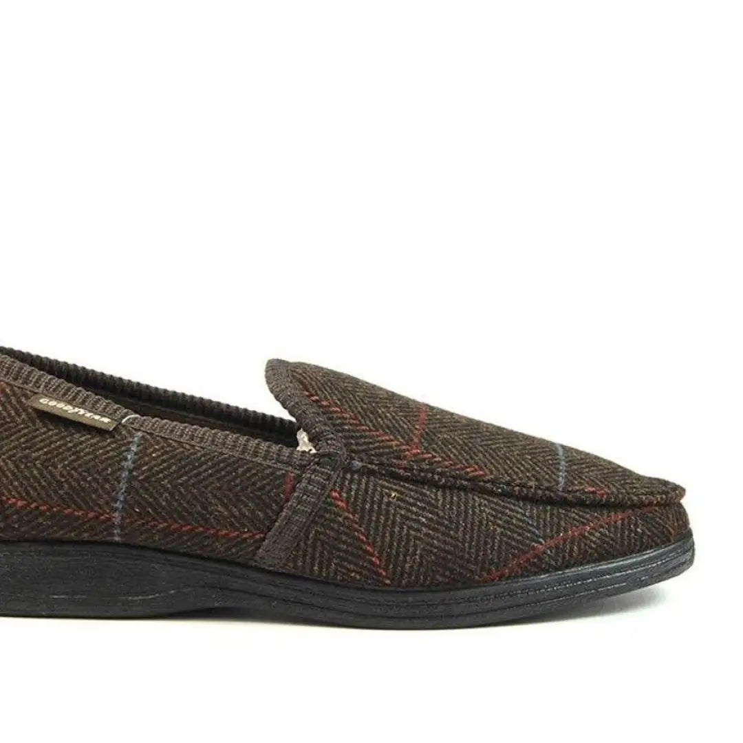 Brown tweed Goodyear Eisenhower Slippers with herringbone pattern and red accents