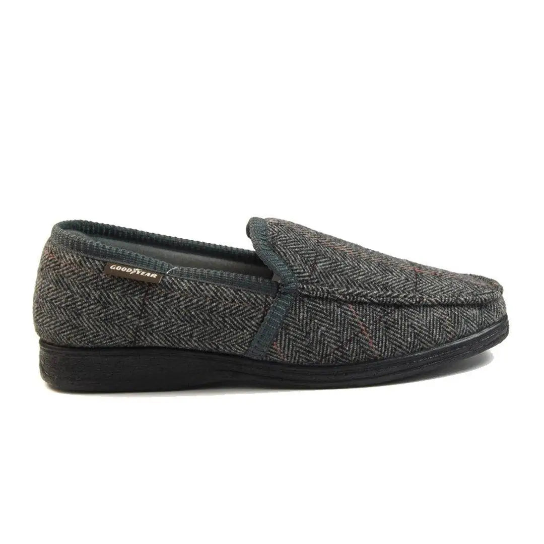 Gray tweed loafers with dark sole, perfect for cozy vibes in Goodyear Eisenhower Slippers