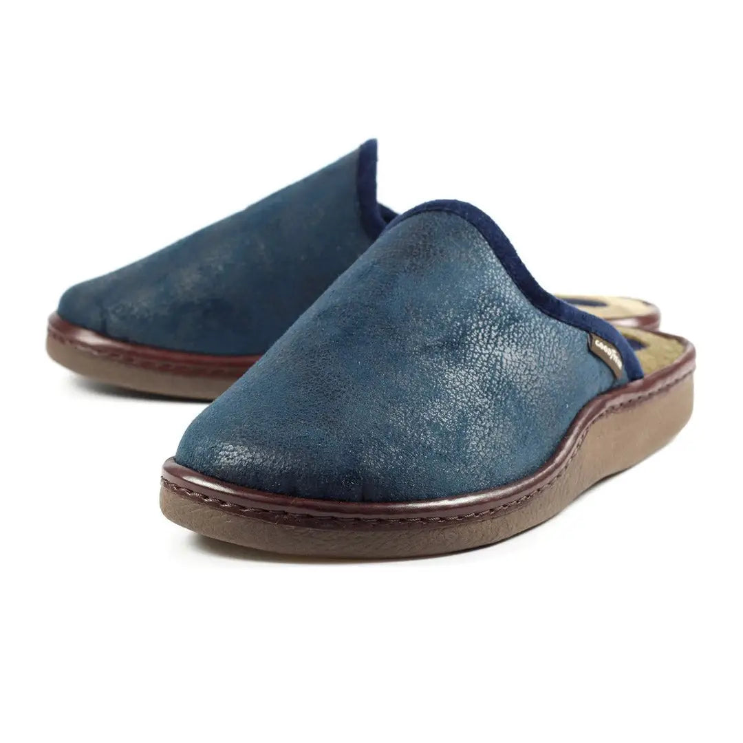 Blue leather Goodyear Glen Mule slippers with stylish brown soles