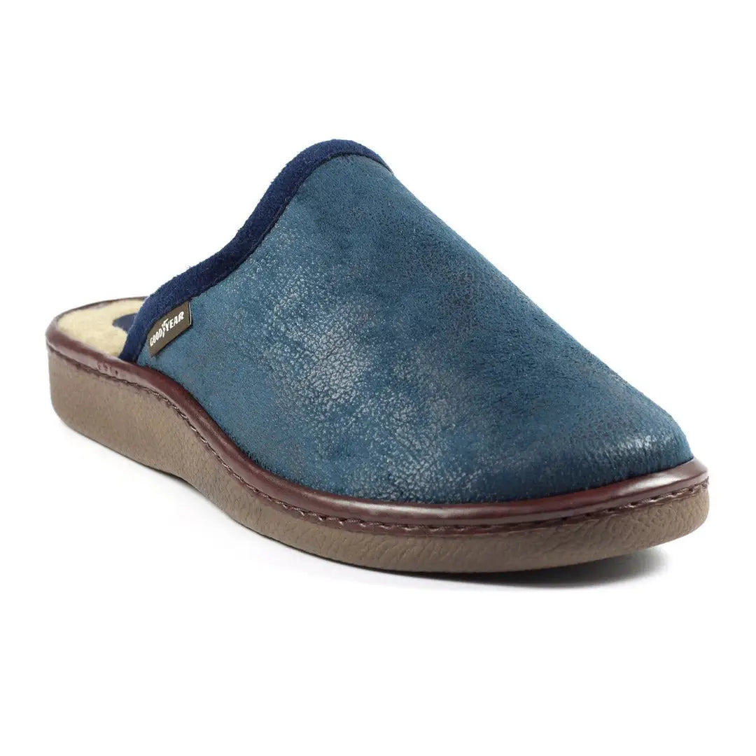 Blue leather Goodyear Glen Mule slippers with a comfy low wedge sole