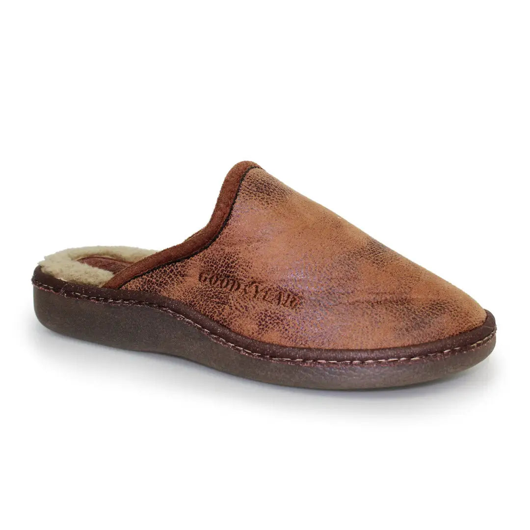 Brown leather Goodyear Glen Mule slippers with cozy fuzzy lining for comfort