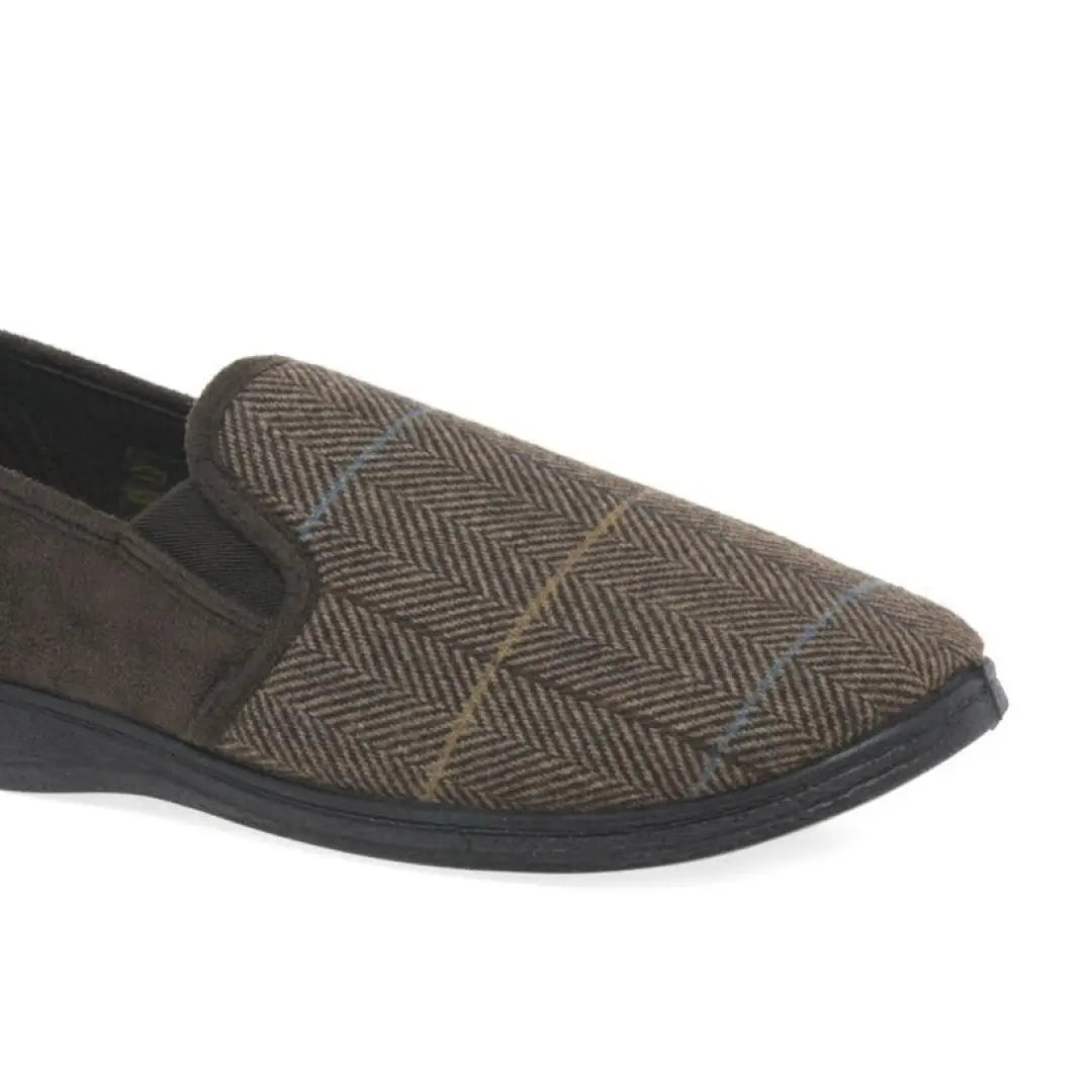 Herringbone patterned Goodyear Harrison Tweed slippers with a dark sole