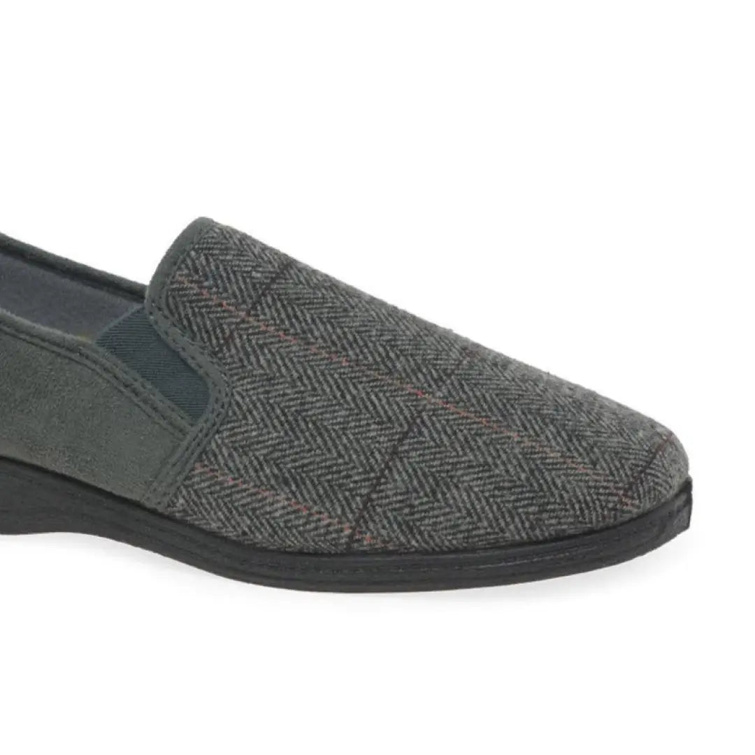 Gray herringbone slip-on slipper with dark sole from Goodyear Harrison Tweed line