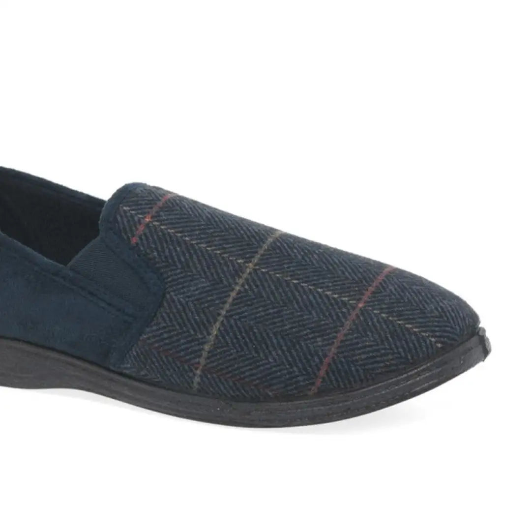 Navy blue plaid Goodyear Harrison Tweed Slipper with slip-on design and dark sole